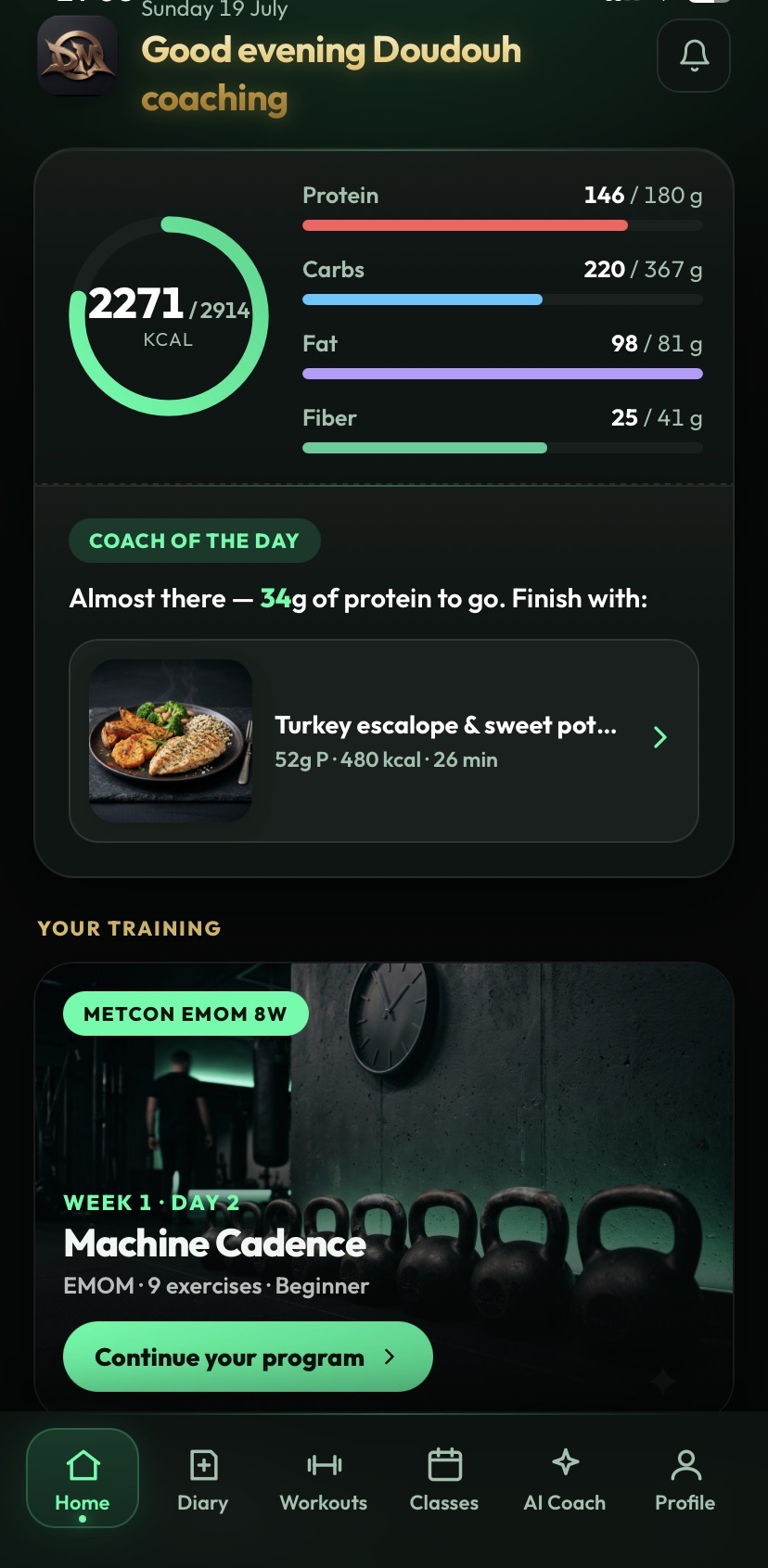 Accueil de l'app Coach DM : calories, macros et seance du jour