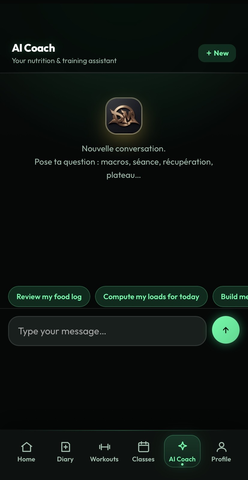 Coach IA de l'app Coach DM : conversation sur les macros et la récupération